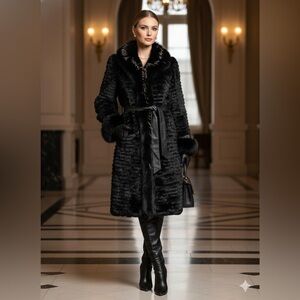 VOLARE Genuine Rex Rabbit Fur Coat – Silver Fox Collar and Leather Size M